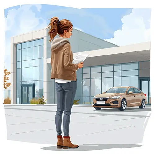 Frau steht mit Unterlagen vor einer Zulassungsstelle und möchte Ihr Auto anmelden